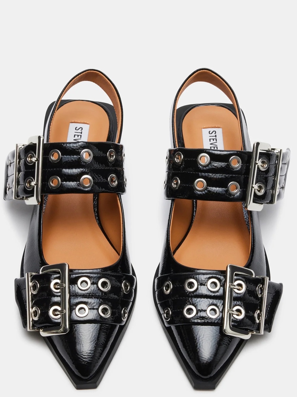 Steve Madden Black Patent Pointed Slingback Mules with Grommet Buckles